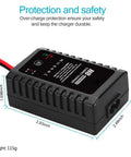 Smart 2-8S NiMH NiCd Battery Charger For RC Cars Boats Drones And Airsoft Gear with dimensions and safety features shown