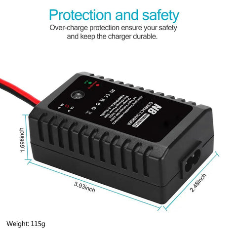 Smart 2-8S NiMH NiCd Battery Charger For RC Cars Boats Drones And Airsoft Gear with dimensions and safety features shown