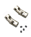 Two silver metal universal joint shaft couplers for RC cars, crawlers, and boats, 4mm to 3.175mm, with four grub screws