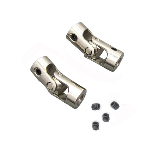 Two silver metal universal joint shaft couplers for RC cars, crawlers, and boats, 4mm to 3.175mm, with four grub screws