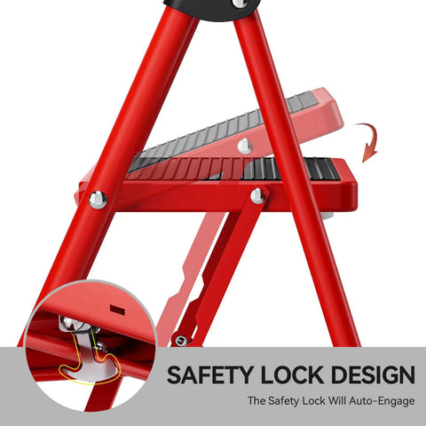 Lightweight 3 Step Folding Ladder With Non Slip Wide Pedals And Handy Handle Beefy Heavy Duty Steel Build Red Finish 333 Lb Capacity