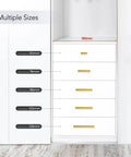 Multiple size options for 25 Pack 4 Inch Gold Cabinet Pulls Brushed Brass Square Hardware For Kitchen Cabinets And Drawers 102mm Center To Center Hole Center Easy Install With Two Screw Sizes To Make Your Cabinets Look Fly shown on white drawers.