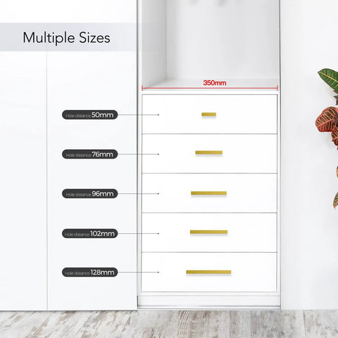 Multiple size options for 25 Pack 4 Inch Gold Cabinet Pulls Brushed Brass Square Hardware For Kitchen Cabinets And Drawers 102mm Center To Center Hole Center Easy Install With Two Screw Sizes To Make Your Cabinets Look Fly shown on white drawers.