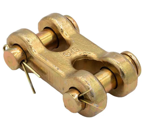 Close-up of a One Half Inch G70 Chain Double Clevis Mid Link Tie Down Link made of forged carbon steel, showing heavy-duty construction.