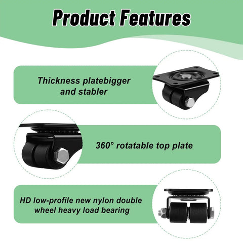 4 Pack 1.5 Inch Low Profile Caster Wheels Set Nylon Dual Wheels Swivel Plate Casters Heavy Duty Beefy Industrial Grade For Furniture Bed Workbench 1100 Lb Capacity Quiet And Smooth Black