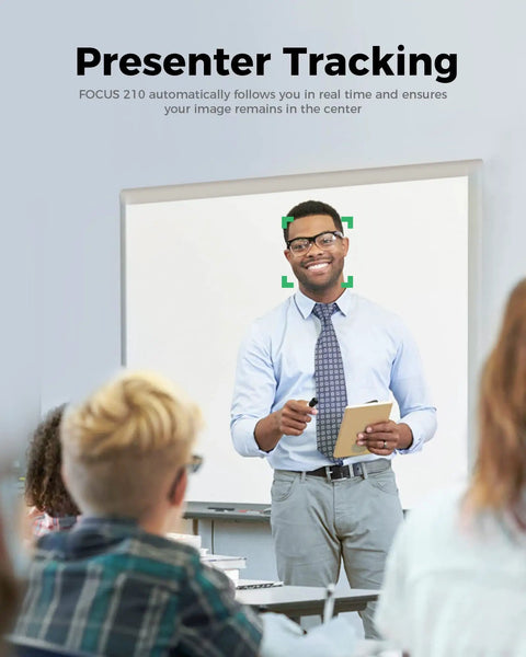 Top Shelf 4K AI Conference Webcam With Smart Auto Framing For Small Meeting Rooms And Zoom Certified Virtual Teams delivering visuals in a presentation.