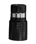 Black 1-1/4-inch central vacuum hose adapter with silver metal band; side view.