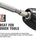 Close-up of S2 steel drill bit in a power tool from Twenty Piece Hex Bit Set With Magnetic S2 Steel Drill Bits For SAE And Metric Allen Wrenches.
