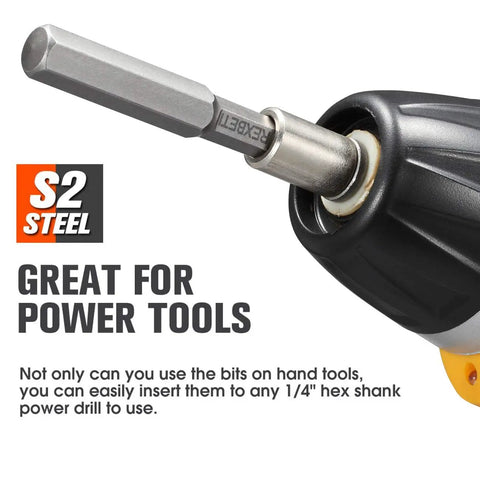 Close-up of S2 steel drill bit in a power tool from Twenty Piece Hex Bit Set With Magnetic S2 Steel Drill Bits For SAE And Metric Allen Wrenches.