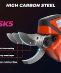 Close-up of Cordless Electric Pruning Shears With LCD Display, high-carbon SK5 blades and brushless motor, in orange and black.
