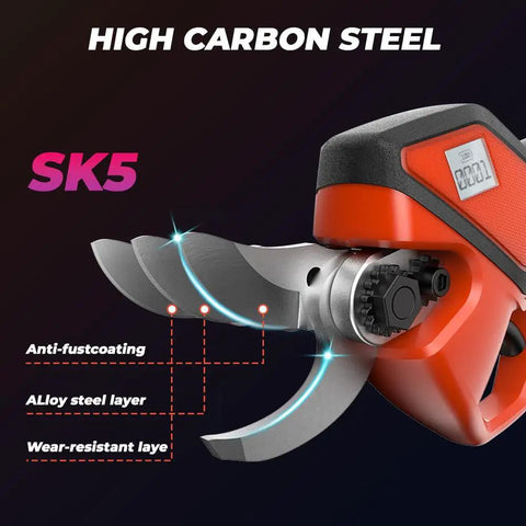Close-up of Cordless Electric Pruning Shears With LCD Display, high-carbon SK5 blades and brushless motor, in orange and black.