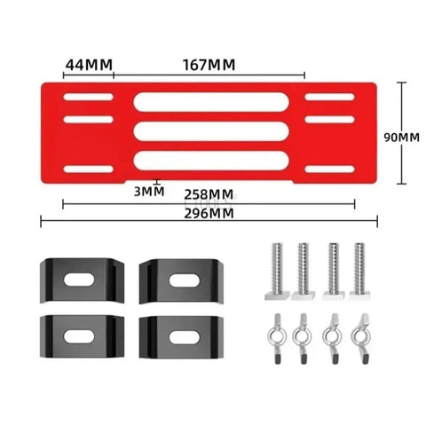 Heavy Duty Adjustable Circular Saw Guide Base Plate Aluminum Universal Rail For Electric Power Saws with accessories and measurements.