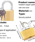 Image of imitation copper padlock with iron material, security type, including lock and 3 keys. Suitable for cabinet, drawer, doors.