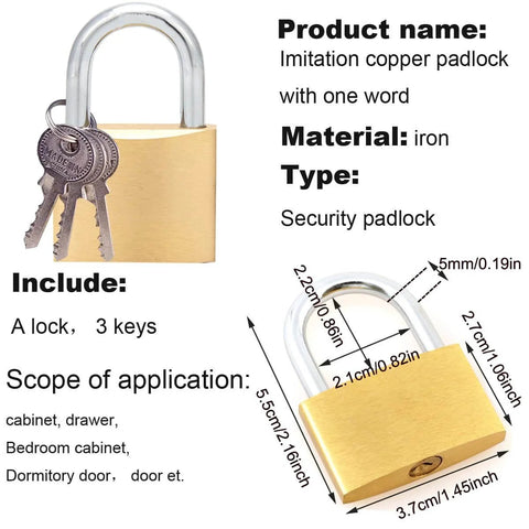 Image of imitation copper padlock with iron material, security type, including lock and 3 keys. Suitable for cabinet, drawer, doors.