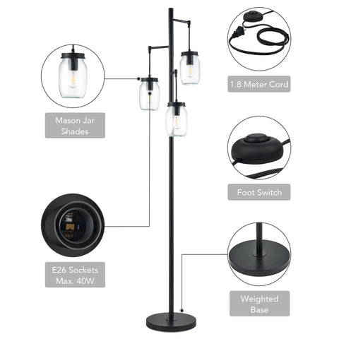 Industrial Floor Lamp With Mason Jar Base And Hanging Glass Shades In A Dope Modern Tree Design Five Foot Tall Reading Light