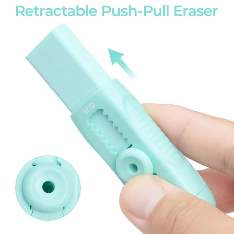 Close-up of blue eraser from 4 Pack Cute Retractable Eraser Set For Kids With Push Pull Design, sliding mechanism visible