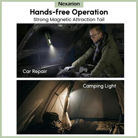 Hands-free operation with 1300 Lumen Rechargeable EDC Flashlight With UV Light Green Beam Side Flood Light for car repair and camping.