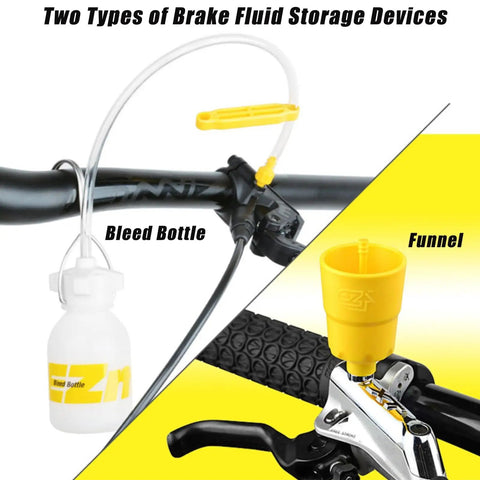 Bike Brake Bleed Kit For Shimano And TEKTRO Hydraulic Disc Brakes With 120ml Mineral Oil, showing bleed bottle and funnel.