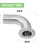 Sanitary hose elbow, stainless steel 304, 90-degree, 3/4 in barb, 1.5 in tri-clamp ferrule – side view