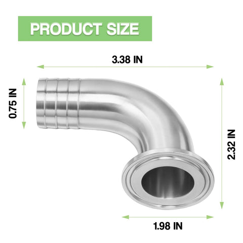 Sanitary hose elbow, stainless steel 304, 90-degree, 3/4 in barb, 1.5 in tri-clamp ferrule – side view