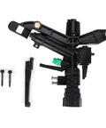 G1 Female Thread Adjustable Dual Nozzle Rocker Arm Sprinkler with screws, black plastic, for lawn and garden irrigation, 30°-360° rotation.