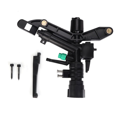 G1 Female Thread Adjustable Dual Nozzle Rocker Arm Sprinkler with screws, black plastic, for lawn and garden irrigation, 30°-360° rotation.