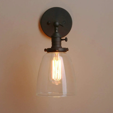 Vintage Industrial Wall Sconce With On Off Switch And Clear Glass Shade Indoor Vanity Light For Bathroom Bedroom Hallway Cafe Club Garage Classic Retro Glow For LED Incandescent Compatibility, single bulb lit against wall.
