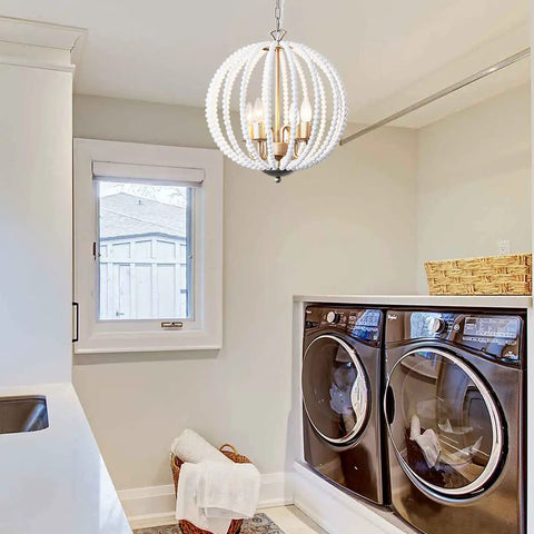 White Wood Beaded Chandelier Four Light Boho Farmhouse Pendant With E12 Base And Adjustable Chain For Dining Room Foyer Bedroom Kitchen Island Perfect For Coastal Shabby Chic Modern Rustic Vibe Decor