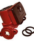 Red Cast Iron Circulator Pump 1/25 Hp for hydronic heating, with 0-17 GPM flow, shown with gaskets, UL CSA Listed.