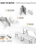 Setup steps for Six Foot Picnic Table Set With Two Benches, Three Piece Folding Outdoor Table And Chair Set, showing folding process.