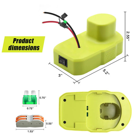 Ryobi 18V Battery Adapter With 12 AWG Wire, Power Converter Kit dimensions and components for DIY RC applications, top and bottom view