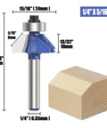 Four Pack 45 Degree Chamfer Router Bit Set With One Quarter Inch Shank Carbide Edges For Beveling And Wood Profiling, 5/16 bevel size.