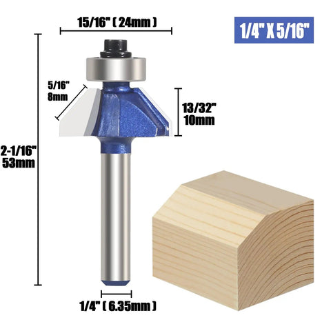 Four Pack 45 Degree Chamfer Router Bit Set With One Quarter Inch Shank Carbide Edges For Beveling And Wood Profiling, 5/16 bevel size.