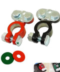 Top Post Battery Terminal Connectors Color Coded Set With Anti Corrosion Felts For Car Boat Camper Heavy Duty Aluminum Cables displayed with red and black connectors and felt washers.