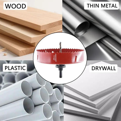 Moretopgood 6 Inch HSS Bi-Metal Hole Saw Kit With Arbor And Dust Bowl for cutting wood, plastic, metal, and drywall.