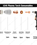 LC40 Torch Kit For Tomahawk 625 Plasma Cutter 23pcs Consumables Set layout with parts and labels