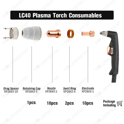 LC40 Torch Kit For Tomahawk 625 Plasma Cutter 23pcs Consumables Set layout with parts and labels