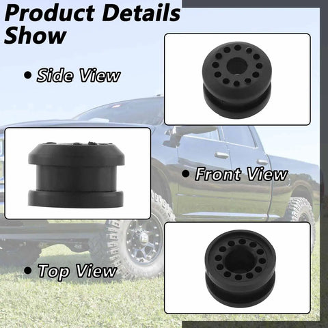 2 Piece Transfer Case Linkage Bushing Grommet Kit For Ram Trucks 2002 To 2010 1500 2500 3500 Keeps Shifts Smooth And Tight Replaces 68078974AA 68078975AA black rubber bushing, front and top views