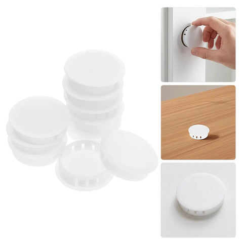 White Plastic Screw Hole Plugs For 2 Inch Round Holes No Fuss Snap In Locking Fasteners 20 Pack Matte Finish Covers For Furniture And Cabinets Quick Installation