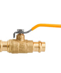Brass 1/2-inch ball valve with orange lever handle and compression ends for copper tubing