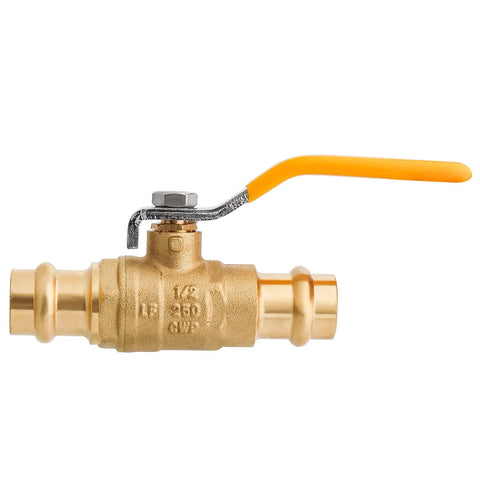 Brass 1/2-inch ball valve with orange lever handle and compression ends for copper tubing