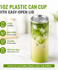 11oz PET Can Cups With Aluminum Lids displayed with matcha latte, text highlights BPA-free and food grade features.
