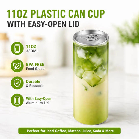 11oz PET Can Cups With Aluminum Lids displayed with matcha latte, text highlights BPA-free and food grade features.