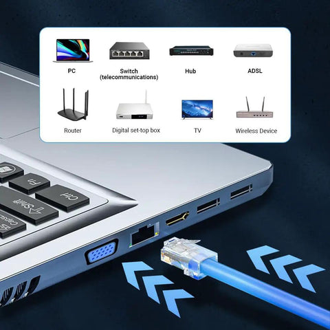 100 Pack RJ45 Cat6 Pass Through Connectors For Solid Or Stranded UTP Cable, Modular Plugs, Easy Crimp Termination, Supports 24 To 26 AWG And Up To 6.1mm OD in Ethernet cable close-up