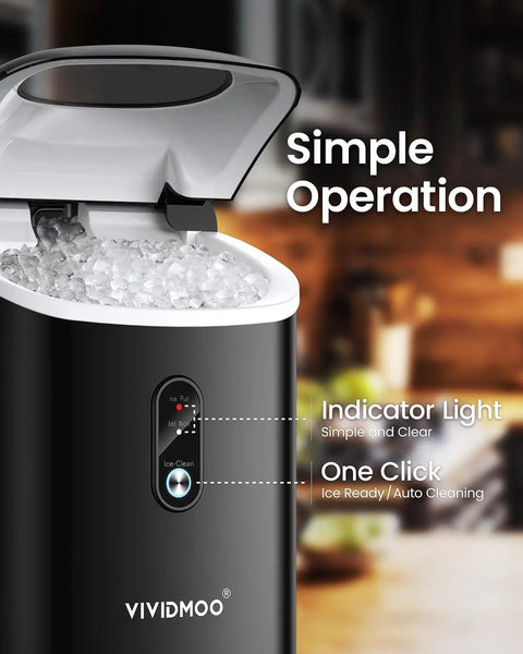 Nugget Ice Maker Countertop Portable Sonic Pebble Ice Maker with self cleaning, open lid showing ice and control panel, black