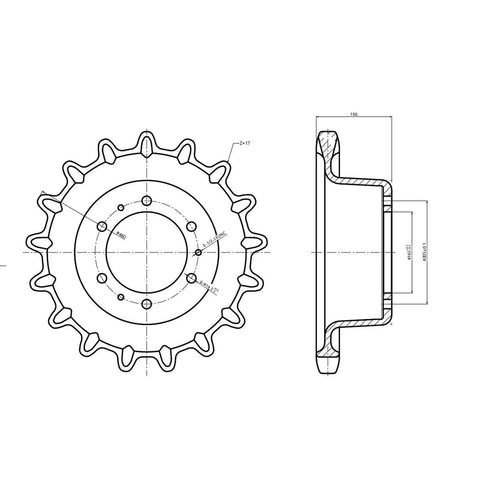 Bulletproof Track Drive Sprocket With Nine Holes And Seventeen Teeth Single Speed Undercarriage Replacement Fits Bobcat T200 T300 T630 T770 T870 detailed design drawing with measurements.