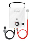 Grab And Go Portable Propane Water Heater Boasting Instant 1.32 Gpm Hot Flow And A Hefty 34000 BTU Output with hose and controls.