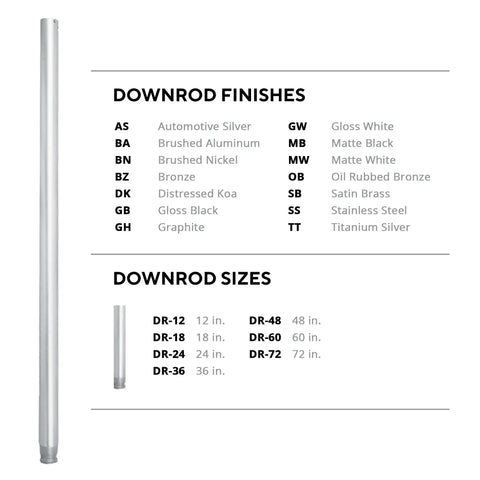 18-Inch Matte Black Ceiling Fan Extension Downrod, WAC Compatible, heavy-duty metal rod, multiple finishes and size options shown