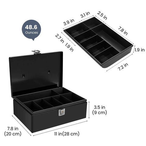 Heavy Duty Black Cash Box With Lock And 7 Compartment Money Tray For Small Businesses, Steel Petty Cash Box dimensions shown