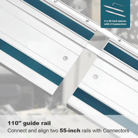 Heavy Duty 110 Inches Aluminum Guide Rail For Track Saws And Routers With Connector Kit showing two 55-inch rails joined together.